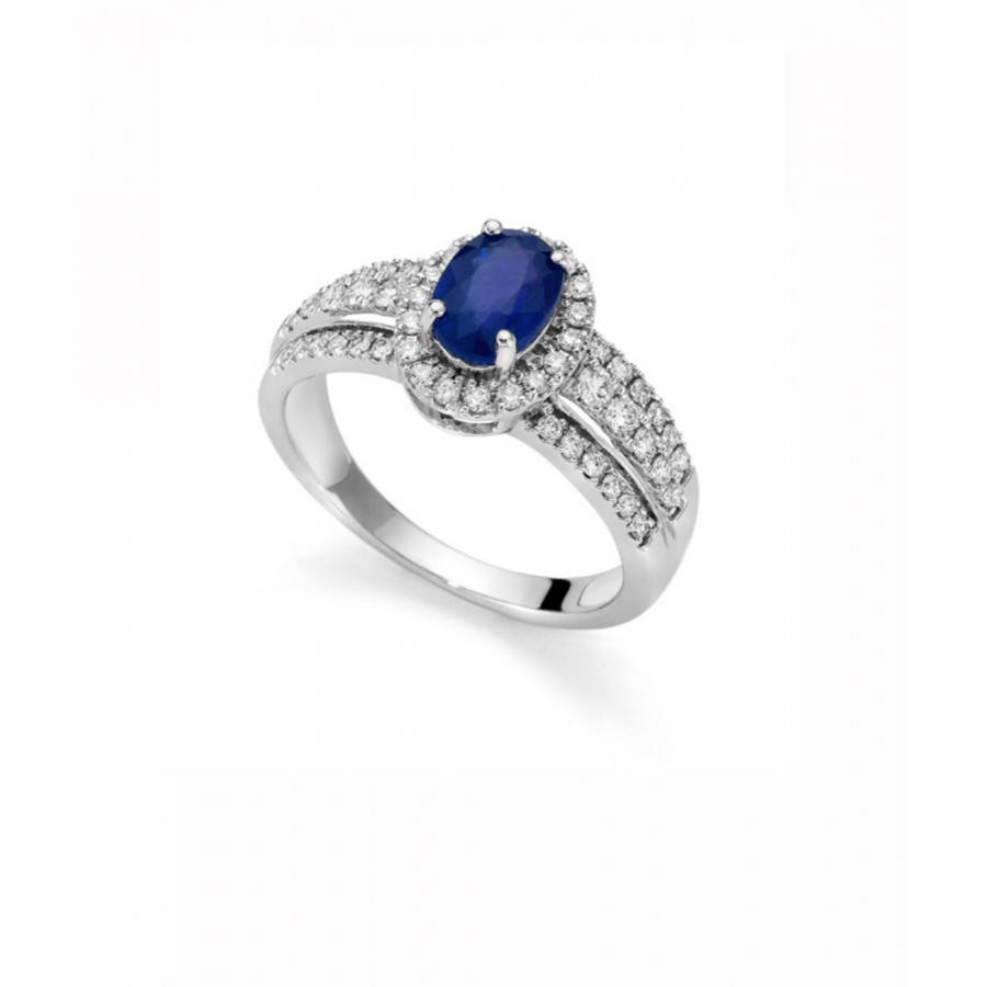 Anello In Oro Bianco Con Zaffiro Ovale E Diamanti. Vendita Gioielli MIRCO VISCONTI Gioiellieri In Valenza Dal 1947 A Torino | Monticone