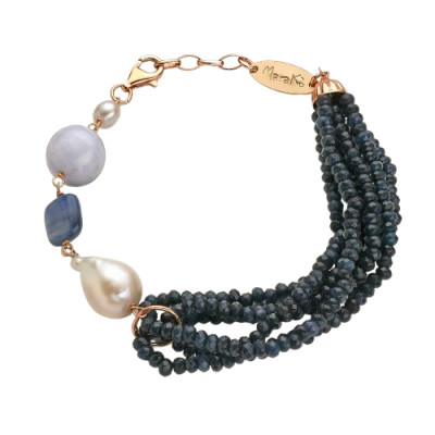Marakò Bracciale Agata Blu Zaffiro, Calcedonio, Cianite e Perle