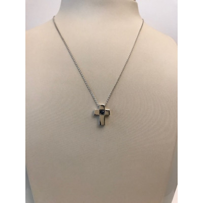Collier Oro Bianco Croce con Zaffiro