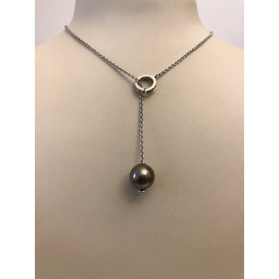 Collier Oro Bianco con Diamanti e Perla Nera